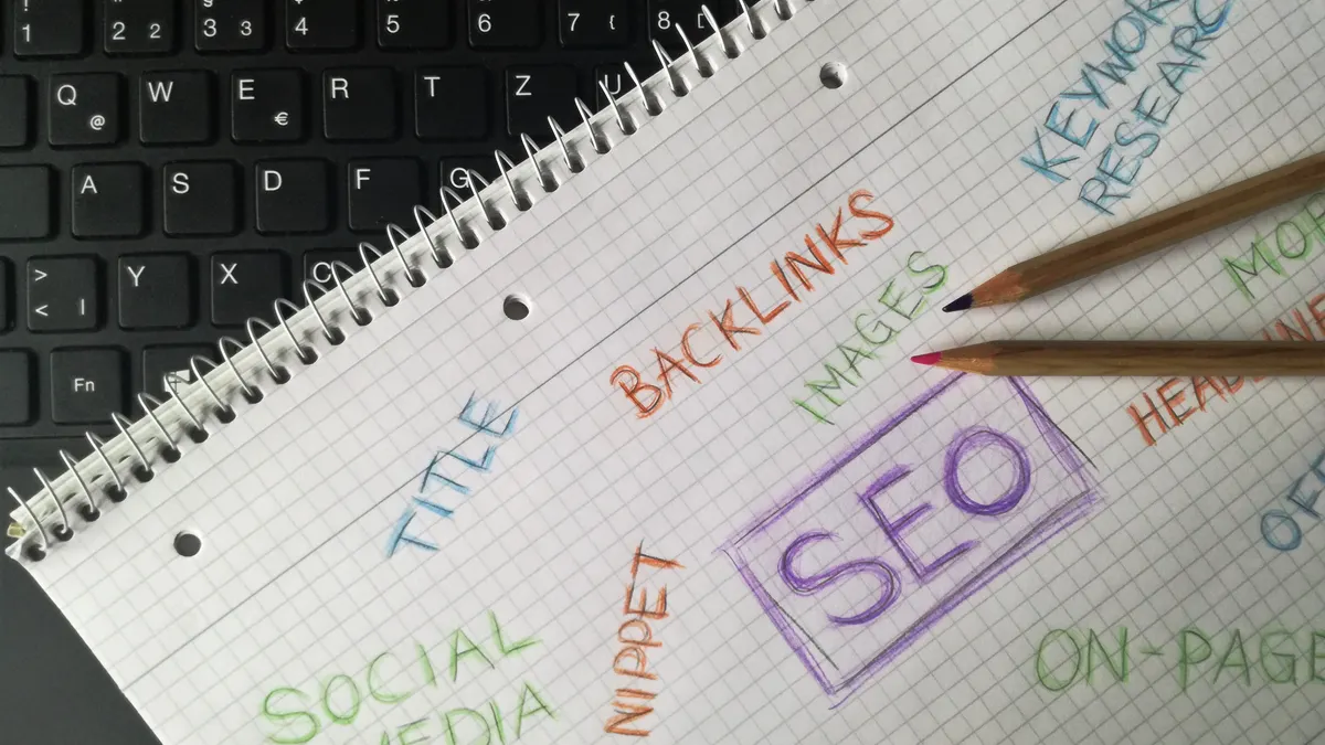 SEO and keyword research notes in a notebook