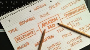 SEO-related marketing notes in a notebook