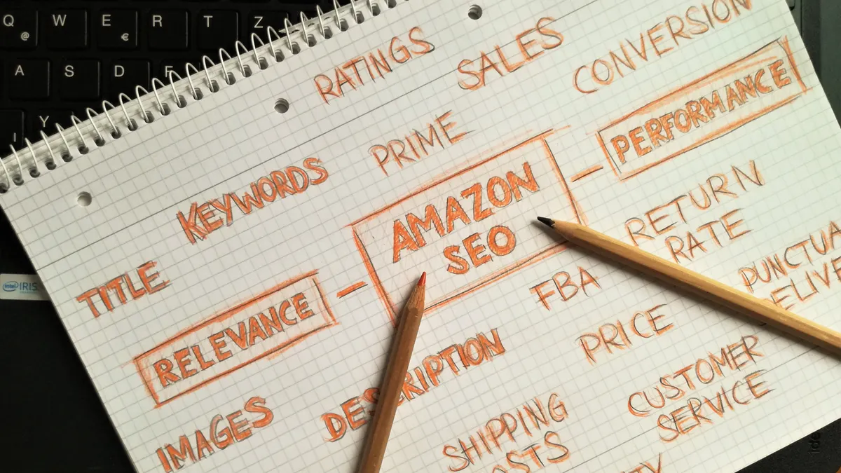 SEO-related marketing notes in a notebook